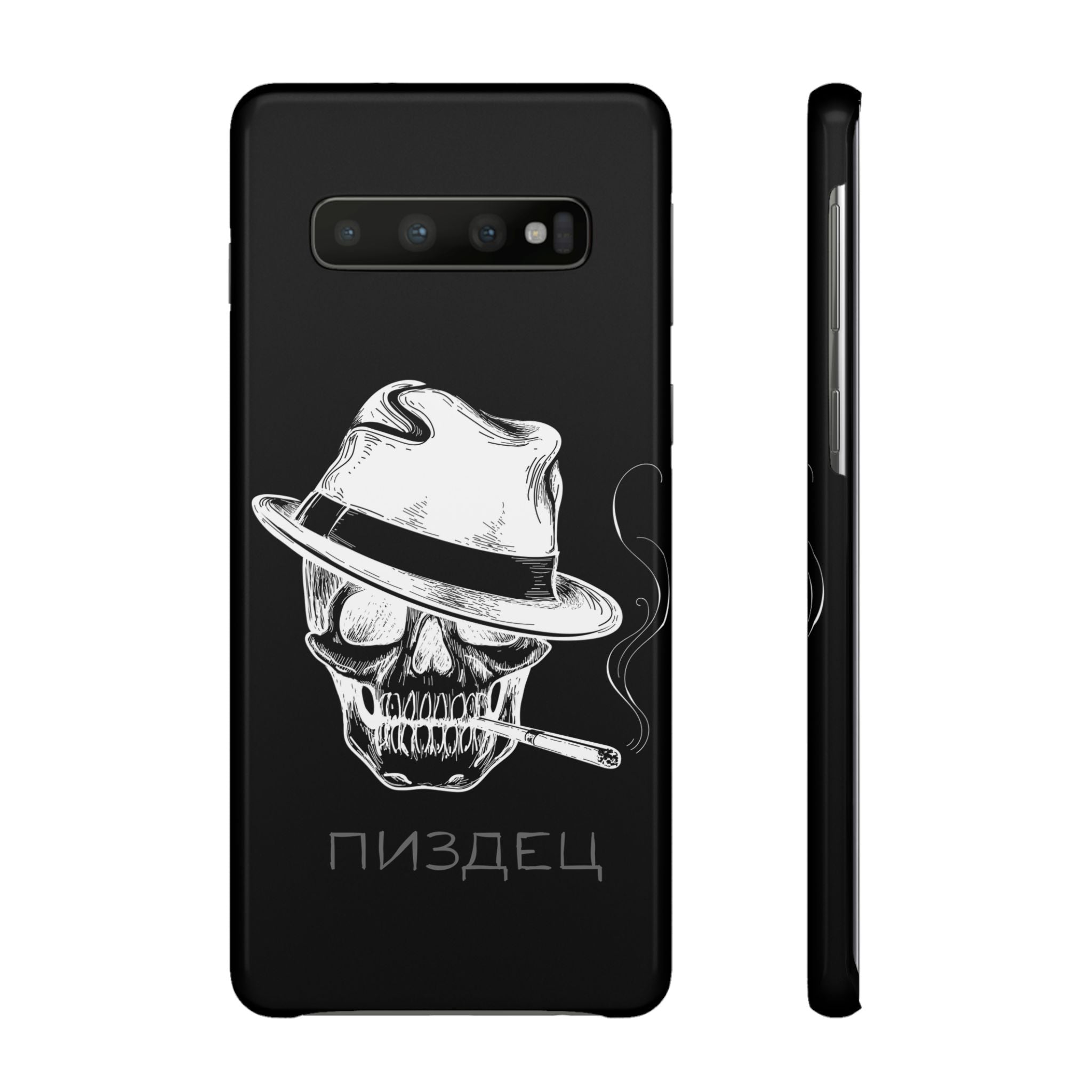 schwarze hochwertige Handyhülle case mit totenkopf der einen Hut trägt und eine Zigarette raucht mit der Aufschrift pisdez