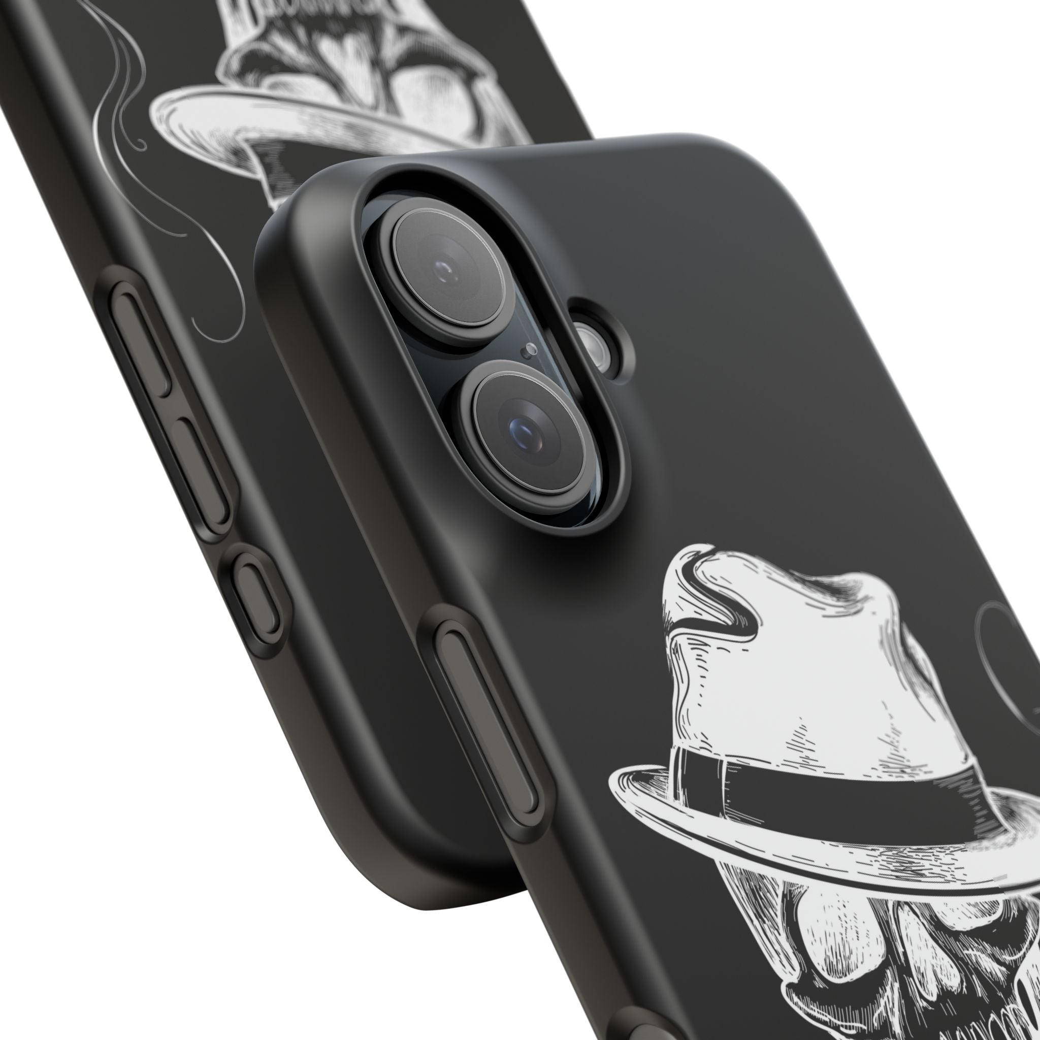 Matte schwarze iPhone Handyhülle mit einem Totenkopf der einen hut auf hat und eine Zigarette raucht, darunter befindet sich eine Aufschrift mit Pisdez in Kyrillischer Schrift.