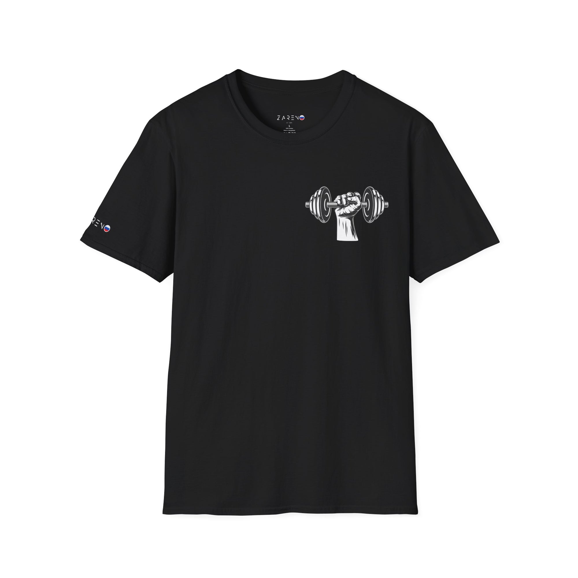 Schwarzes Zareno t-Shirt Vorderseite mit einer Hand die eine Hantel hällt auf der linken Brusthöhe