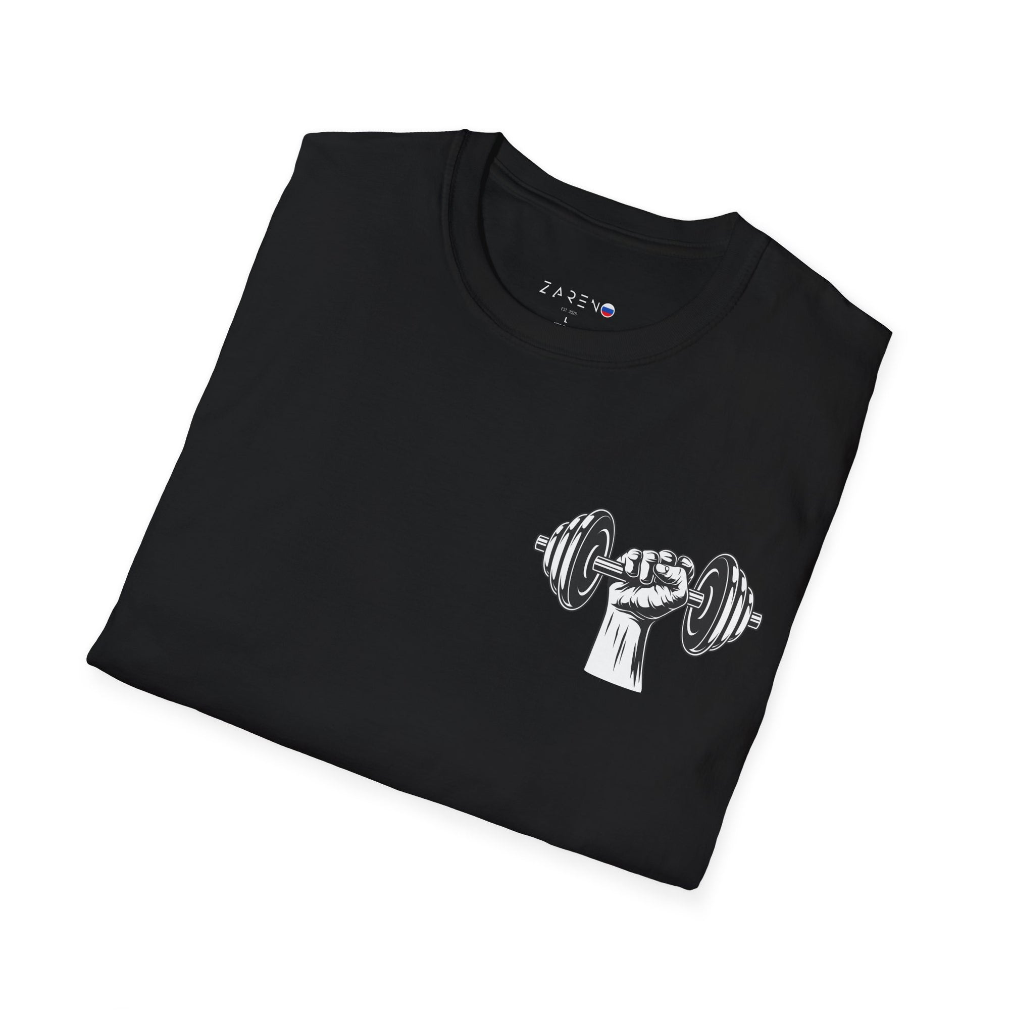 gefaltetes schwarzes T-shirt von Zareno mit einem Aufdruck, Hand die eine Hantel hält  