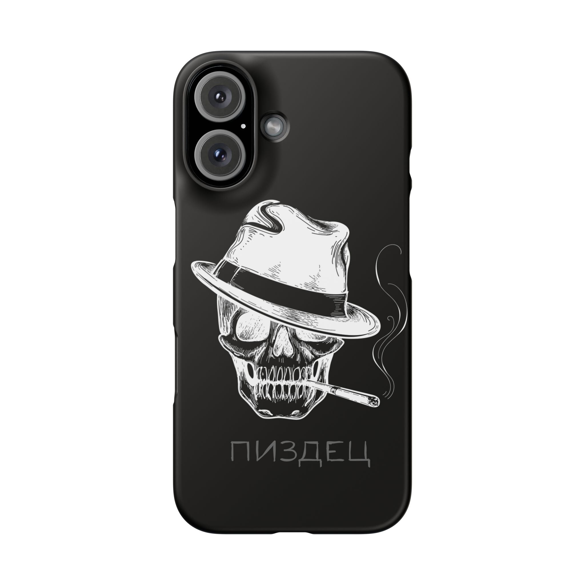 schwarze hochwertige Handyhülle case mit totenkopf der einen Hut trägt und eine Zigarette raucht mit der Aufschrift pisdez 