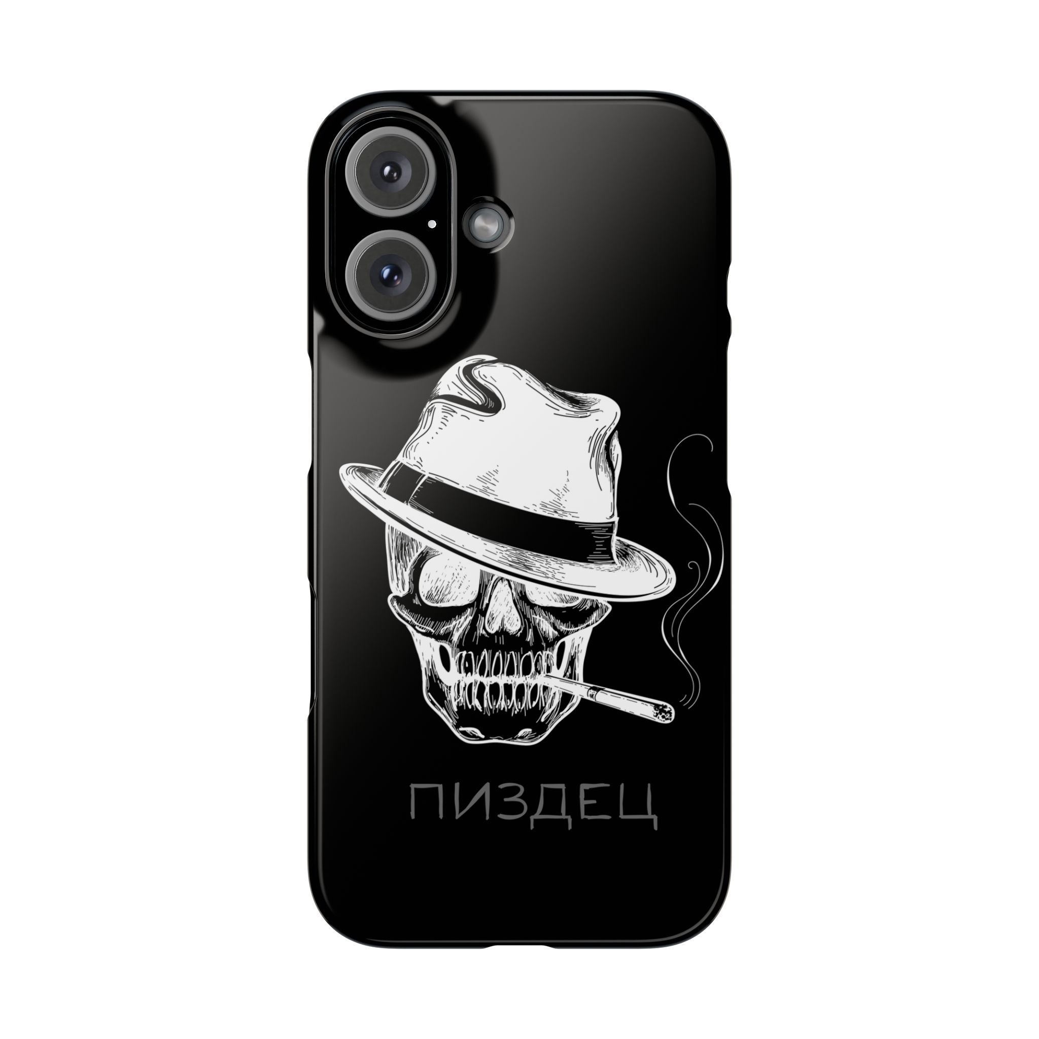 schwarze hochwertige Handyhülle case mit totenkopf der einen Hut trägt und eine Zigarette raucht mit der Aufschrift pisdez 